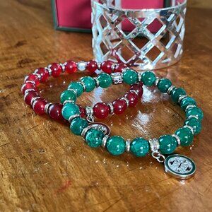 Rustic Cuff Gorgeous Bracelet Set Merry Christmas Natural Stones Stainless Three